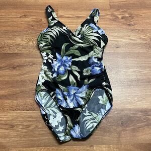 Lands End Womens Black Blue Green Floral Wrap Front One Piece Swim Suit Size 10